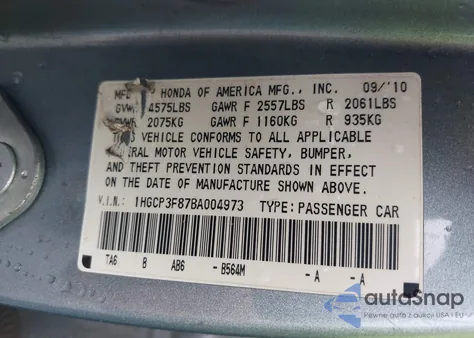 2011 Honda Accord 3.5 Ex-L z USA, uszkodzony, nr VIN 1HGCP3F87BA004973